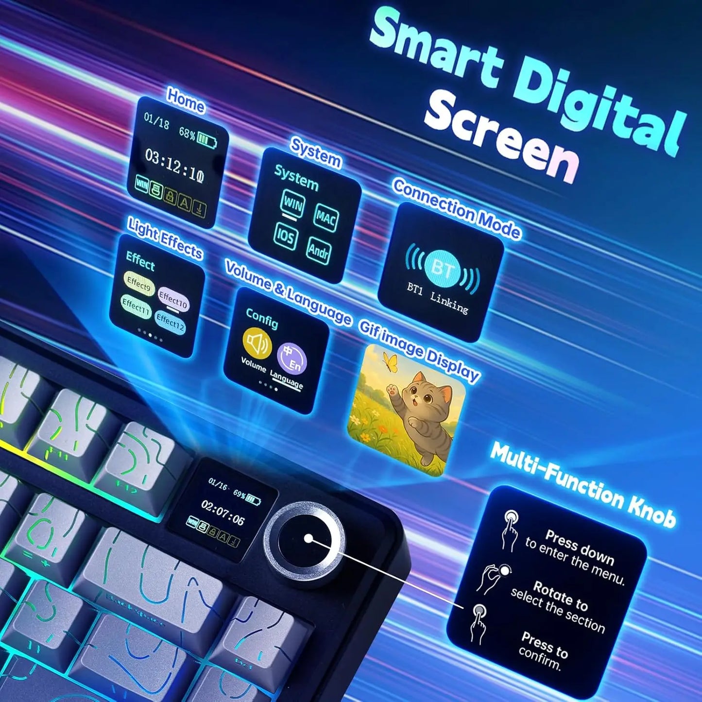 Aula F75 MAX Wireless Gaming Keyboard With Smart Digital Screen and Knob